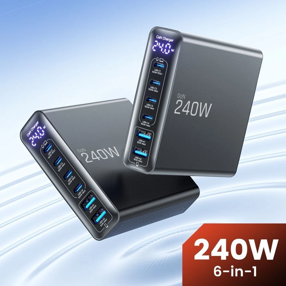 Tech-Protect DC240W-GAN 6 prievadų stalinis įkroviklis PD 240W / QC3.0 juodas