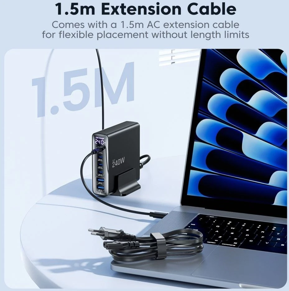 Tech-Protect DC240W-GAN 6 prievadų stalinis įkroviklis PD 240W / QC3.0 juodas