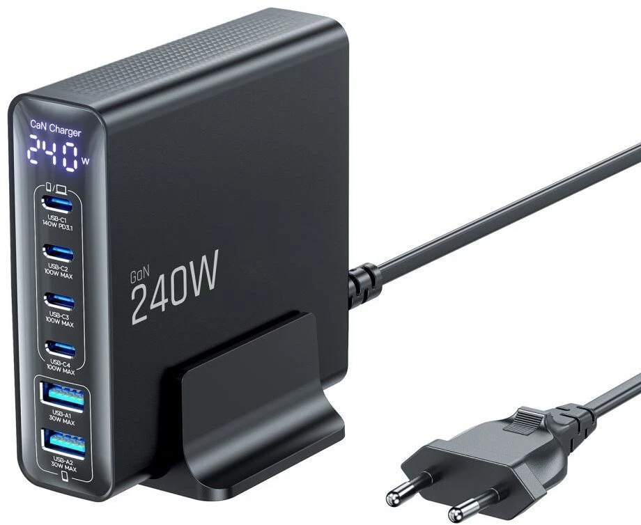 Tech-Protect DC240W-GAN 6 prievadų stalinis įkroviklis PD 240W / QC3.0 juodas