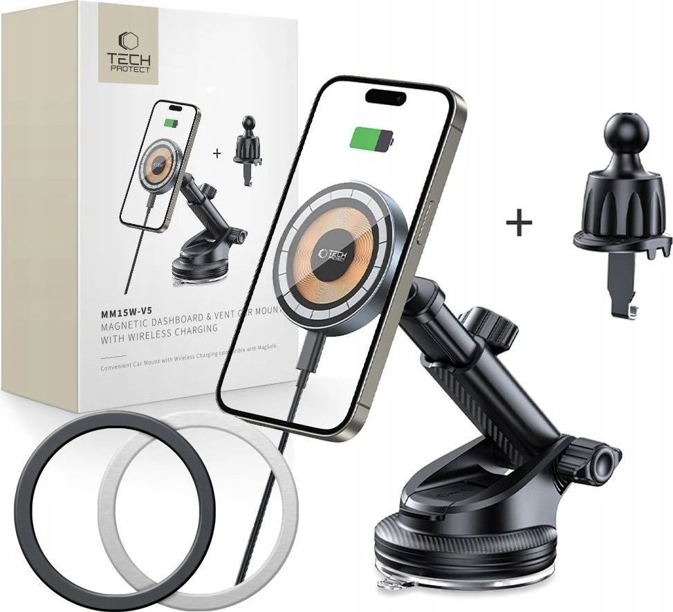 Automobilinis telefono laikiklis Tech-Protect MM15W MagSafe su belaidžiou įkrovimu 15W juodos spalvos