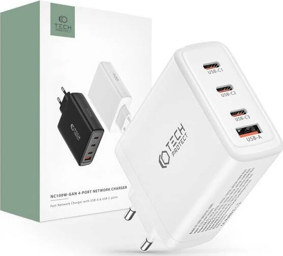 Laidinis įkroviklis 100W 3x USB-C PD + QC3.0 USB Tech-Protect NC100W-GAN baltos spalvos