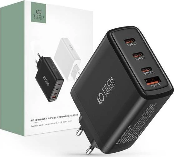 Laidinis įkroviklis 100W 3x USB-C PD + QC3.0 USB Tech-Protect NC100W-GAN juodos spalvos