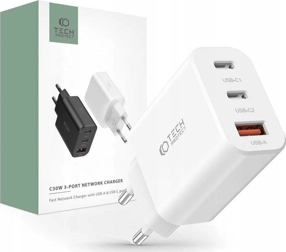 Laidinis įkroviklis 30W 2x PD USB-C + QC3.0 USB Tech-Protect C30W baltos spalvos