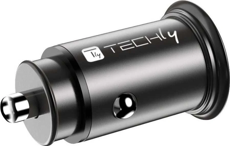 TECHLY mini automobilinis įkroviklis USB-A ir USB-C greitas įkrovimas 3.0 38W Juodas metalas
