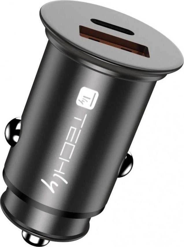 TECHLY mini automobilinis įkroviklis USB-A ir USB-C greitas įkrovimas 3.0 38W Juodas metalas