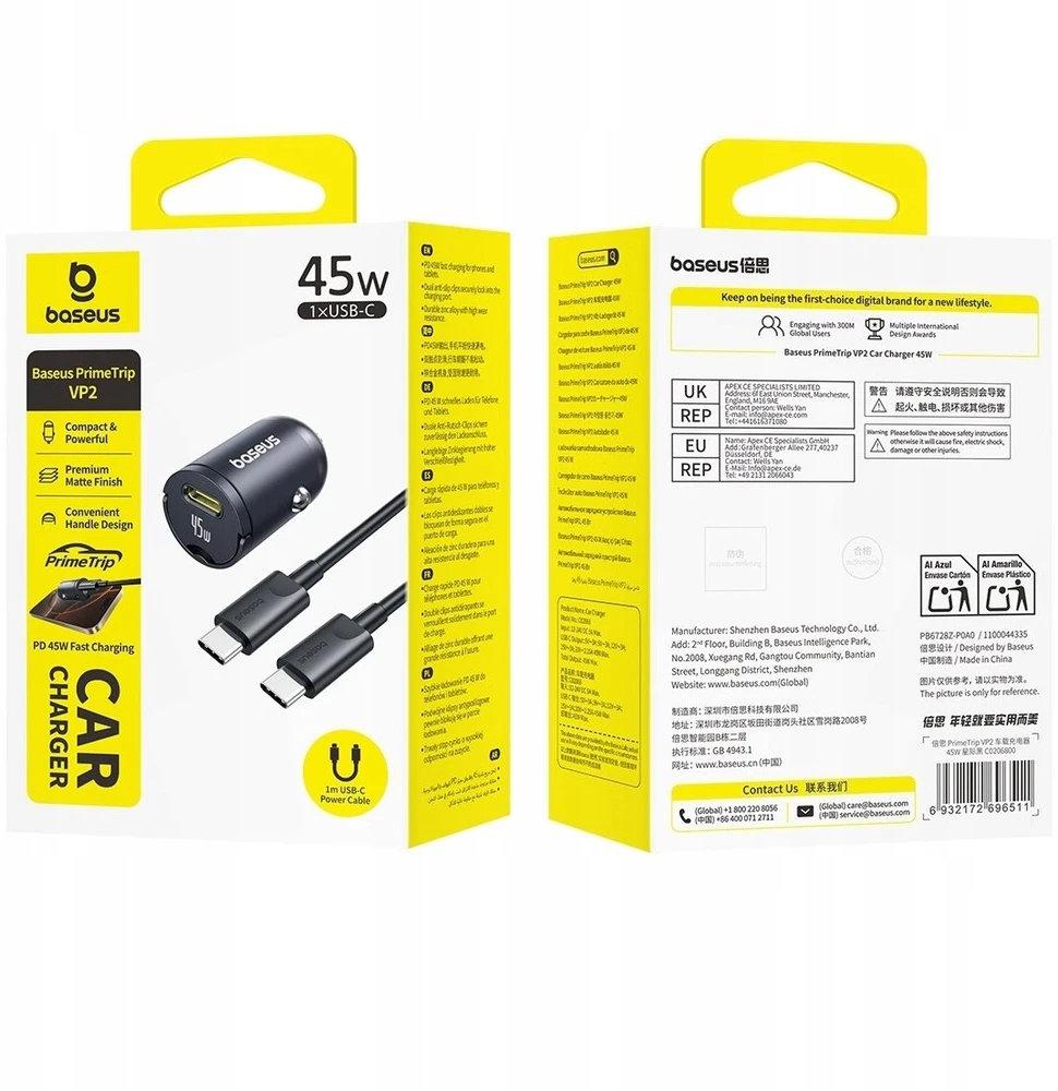 Įkroviklis automobilinis pakrovėjas Baseus PrimeTrip VP2 45W USB-C su kabeliu 60W USB-C į USB-C 1m - juoda