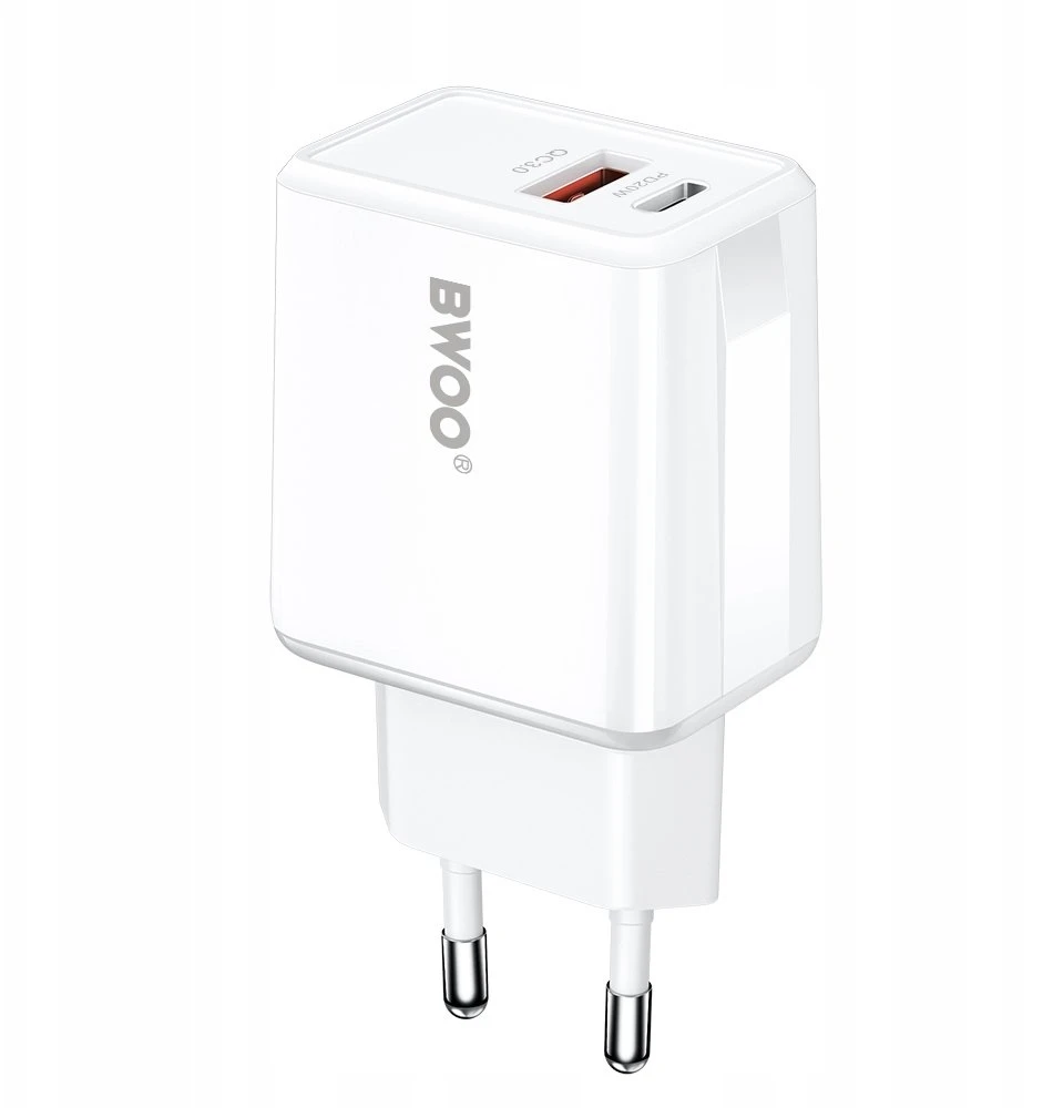 BWOO sieninis įkroviklis CDA182 QC 38W 1x USB-A + 1x USB-C baltas