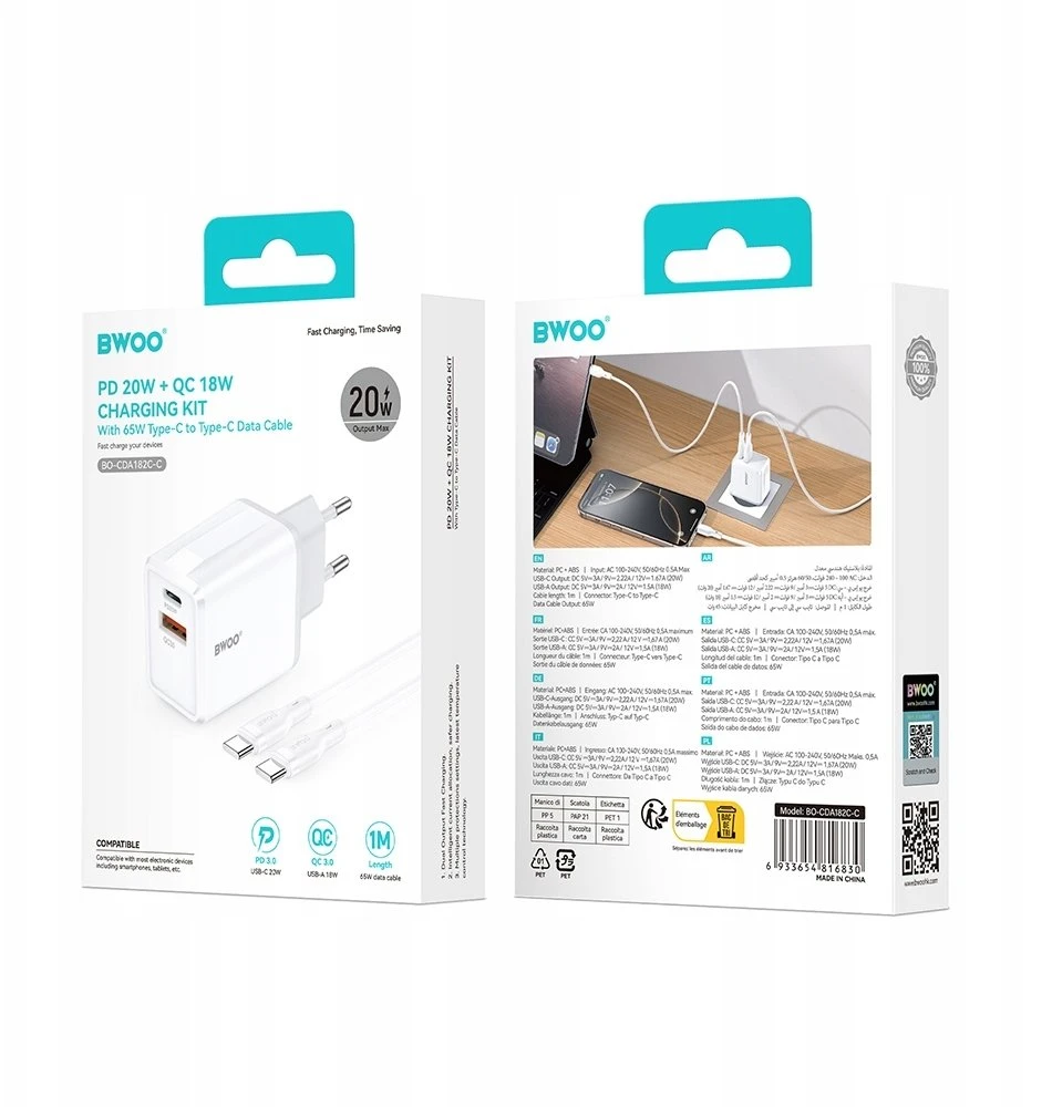 BWOO sieninis įkroviklis CDA182 QC 38W 1x USB-A + 1x USB-C su USB-C laidu 1 m juodas
