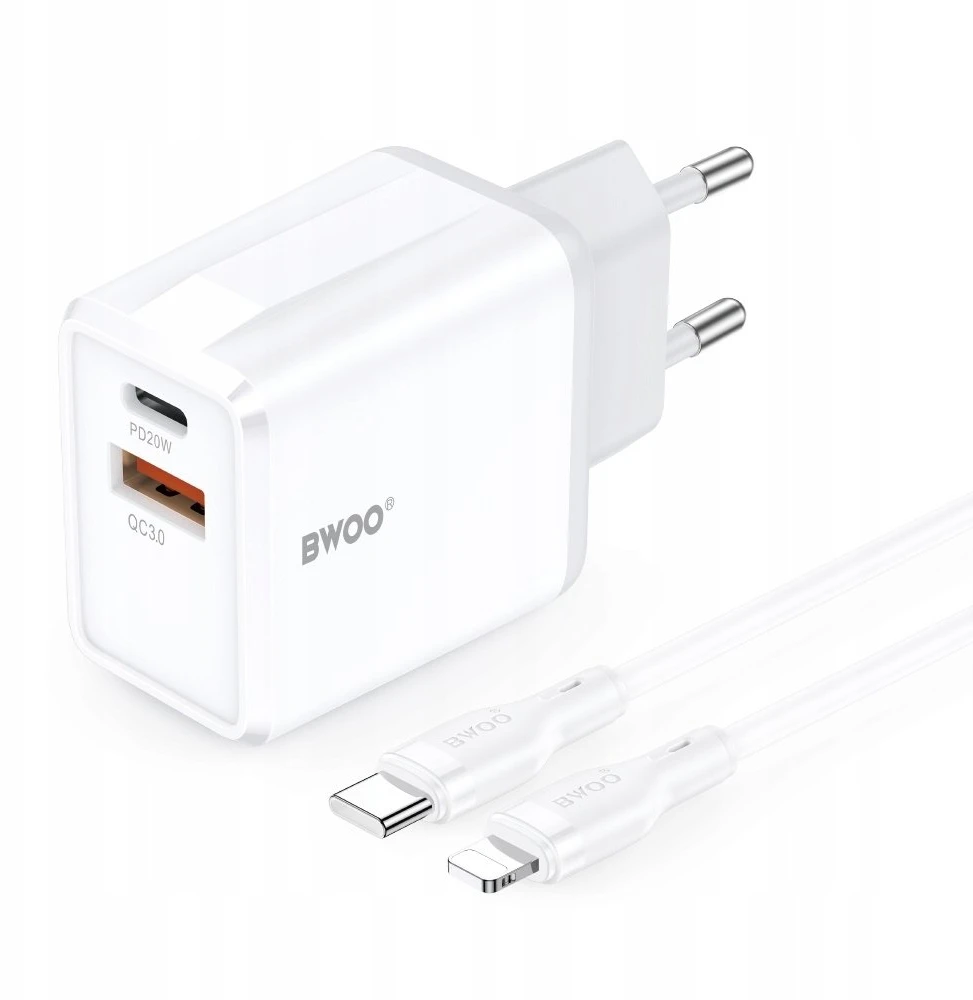 BWOO sieninis įkroviklis CDA182 QC 38W 1x USB-A + 1x USB-C su USB-C į Lightning laidu 1 m juodas