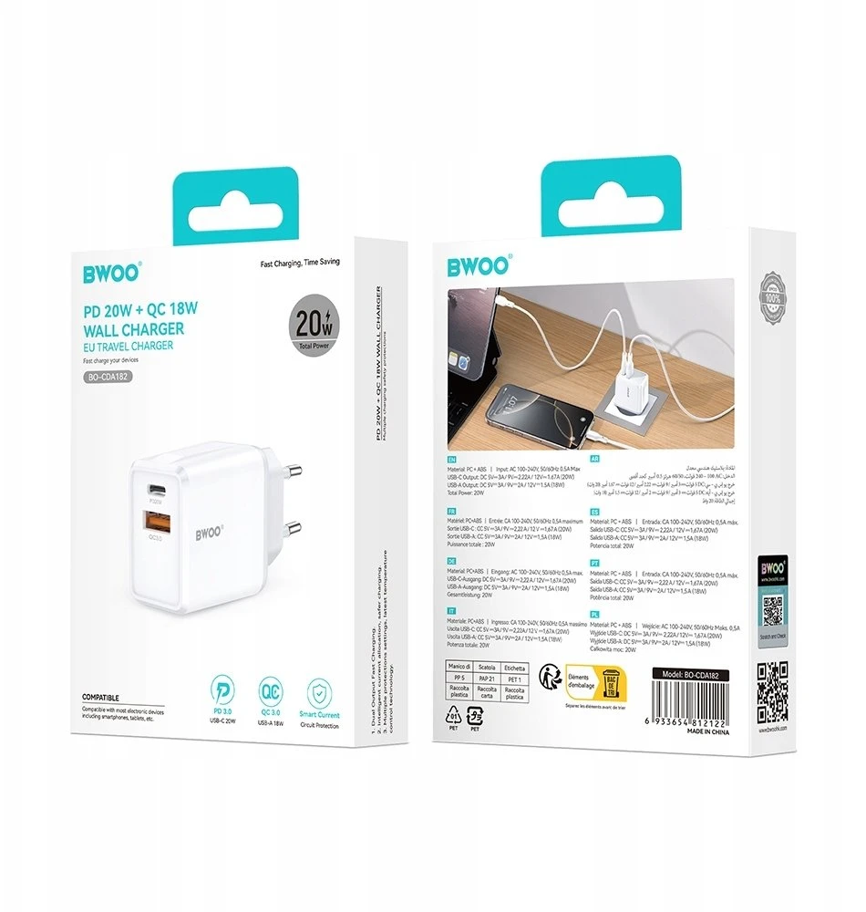 BWOO sieninis įkroviklis CDA182 QC 38W 1x USB-A + 1x USB-C baltas