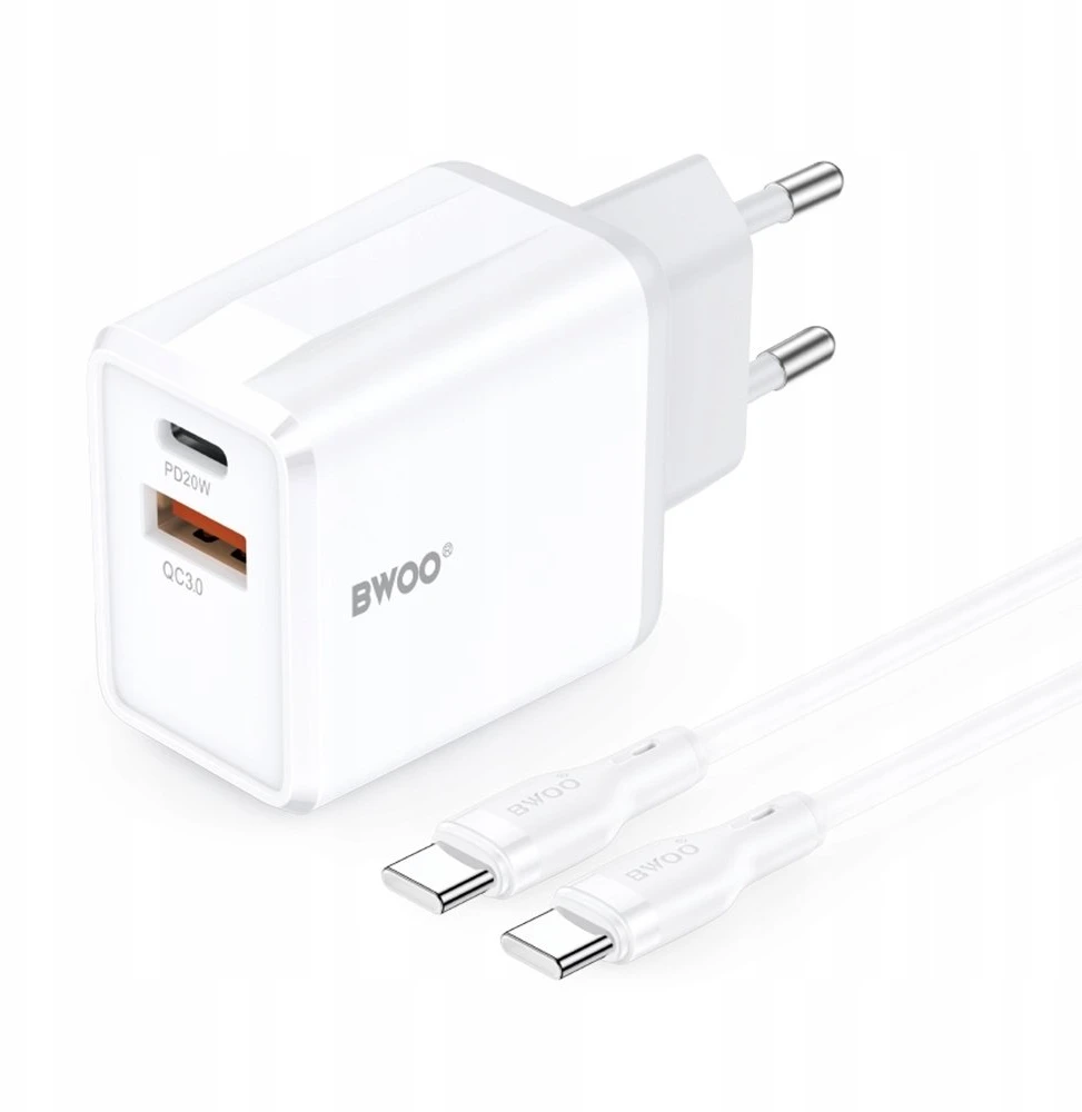 BWOO sieninis įkroviklis CDA182 QC 38W 1x USB-A + 1x USB-C su USB-C laidu 1 m juodas