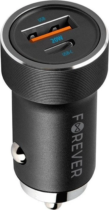 Forever CC-06 PD QC automobilinis įkroviklis 1x USB-C 1x USB 20W juodas