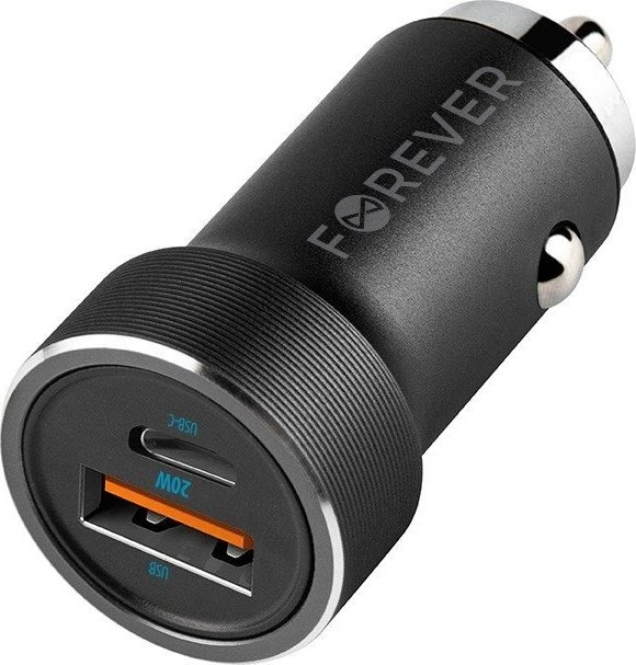 Forever CC-06 PD QC automobilinis įkroviklis 1x USB-C 1x USB 20W juodas