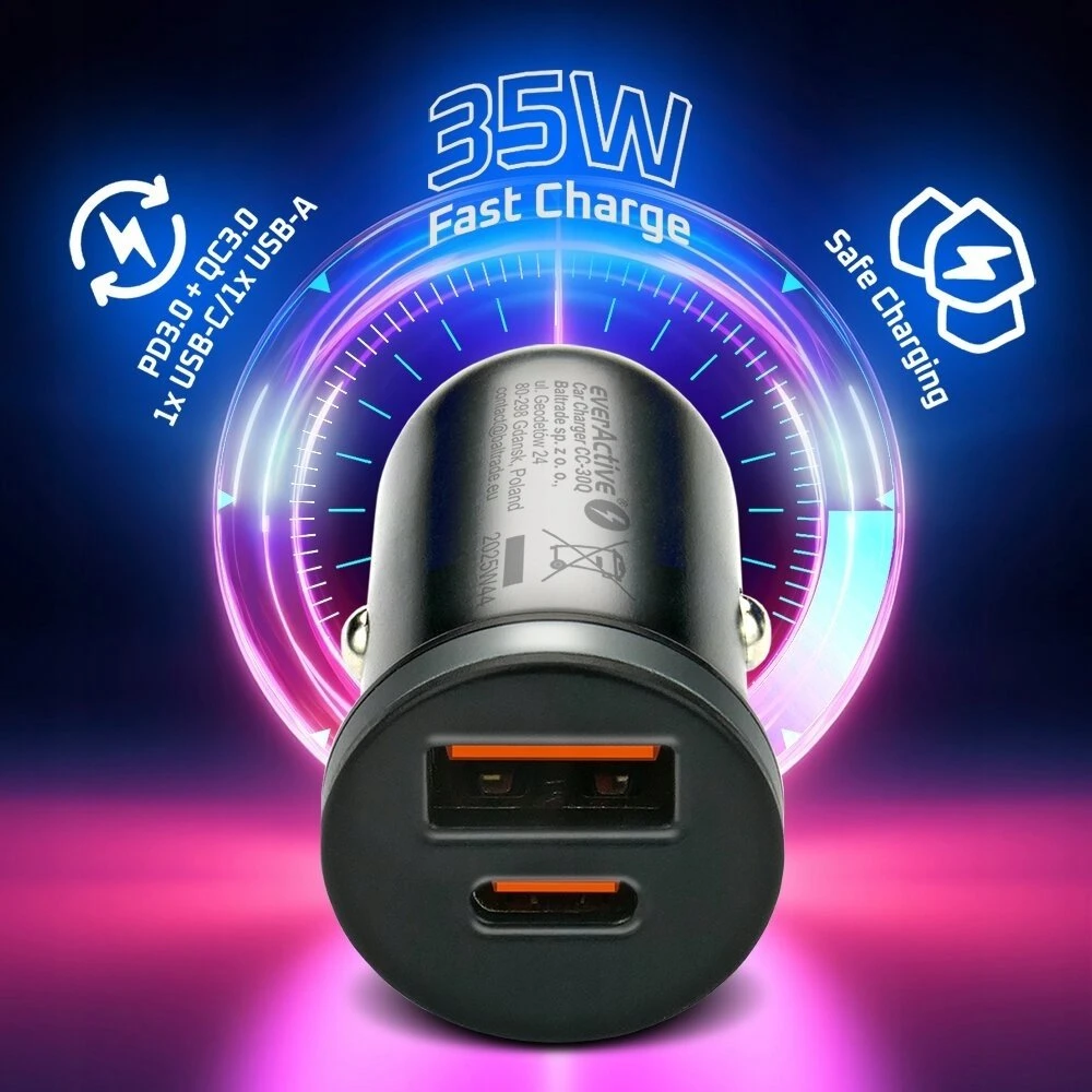 Automobilinis įkroviklis everActive CC-30Q USB + USB-C QC 3.0 PD 35W