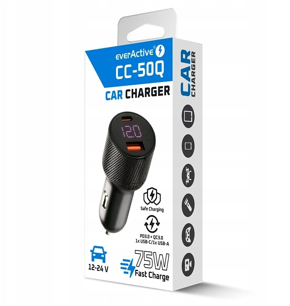 Automobilinis įkroviklis everActive CC-50Q USB QC3.0 + USB-C PD 75W