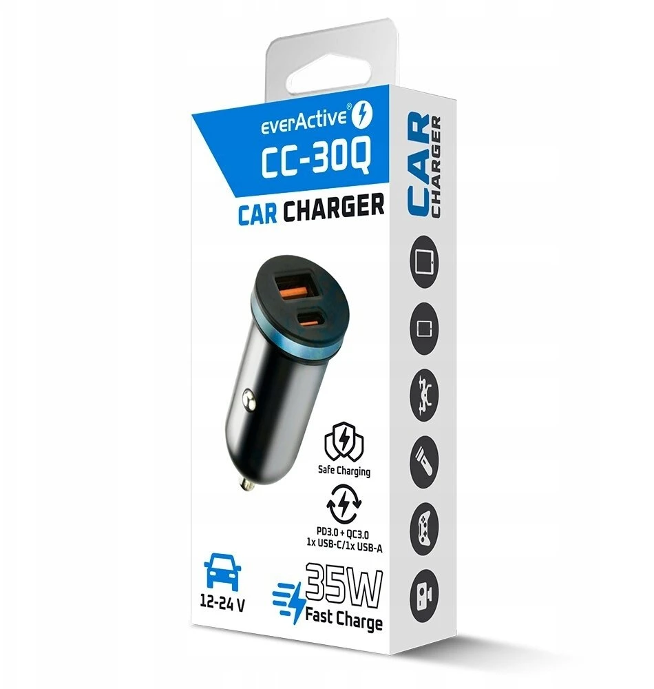 Automobilinis įkroviklis everActive CC-30Q USB + USB-C QC 3.0 PD 35W