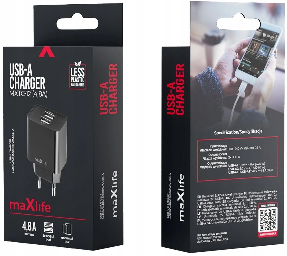 Maxlife MXTC-12 įkroviklis 1x USB-A 4,8A juodas