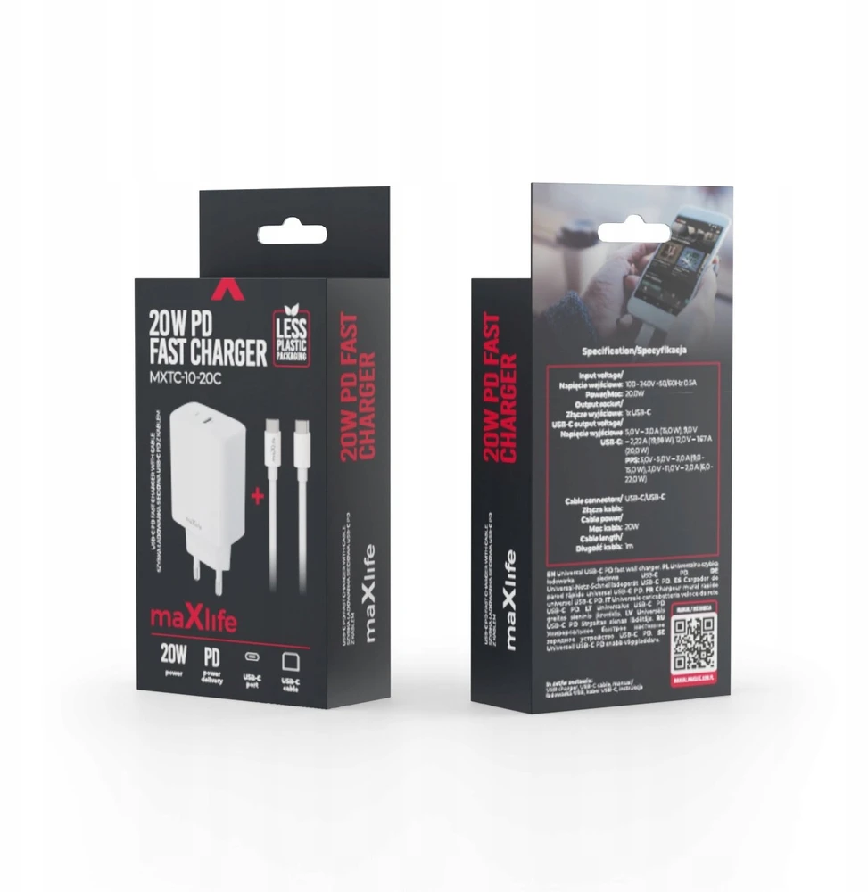 Telforceone Maxlife MXTC-10-20C PD QC įkroviklis 1x USB-C 20W baltas + USB-C - USB-C laidas 20W