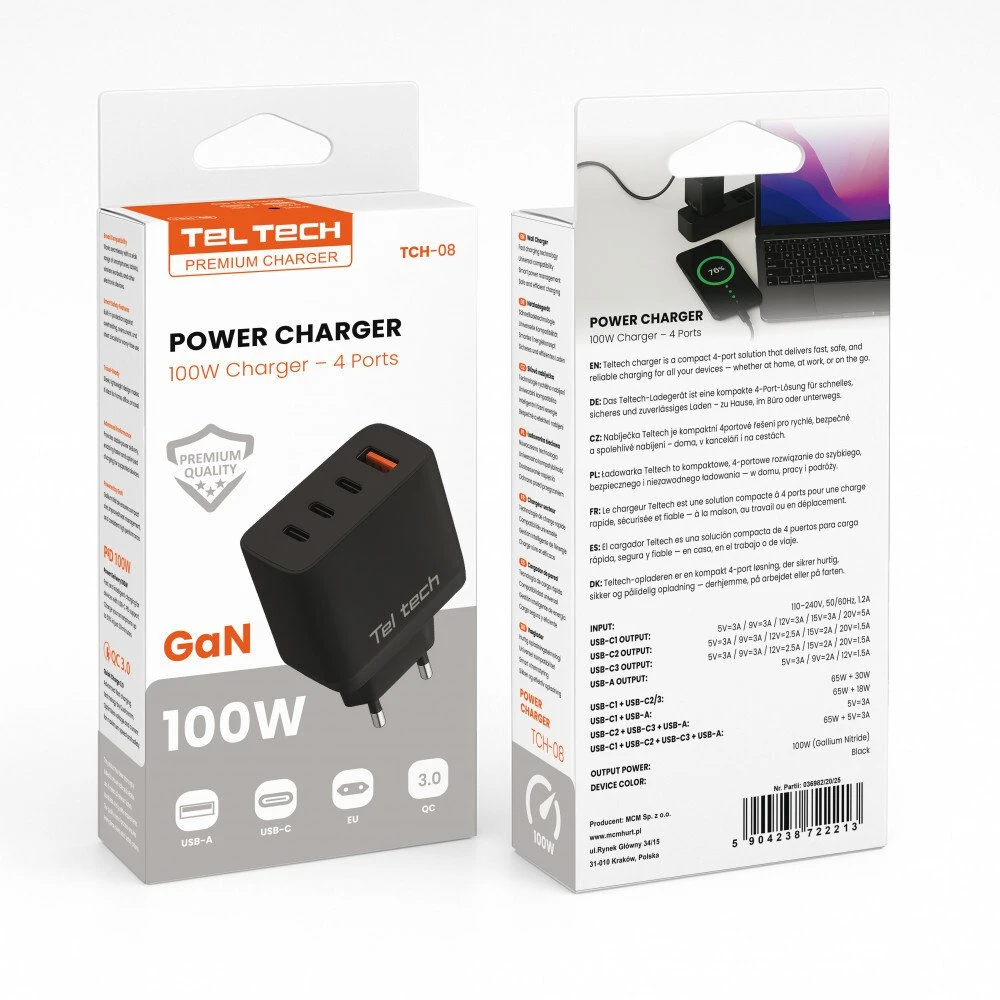 Teltech GaN USB / 3x USB-C 100W QC PD juoda TCH-08