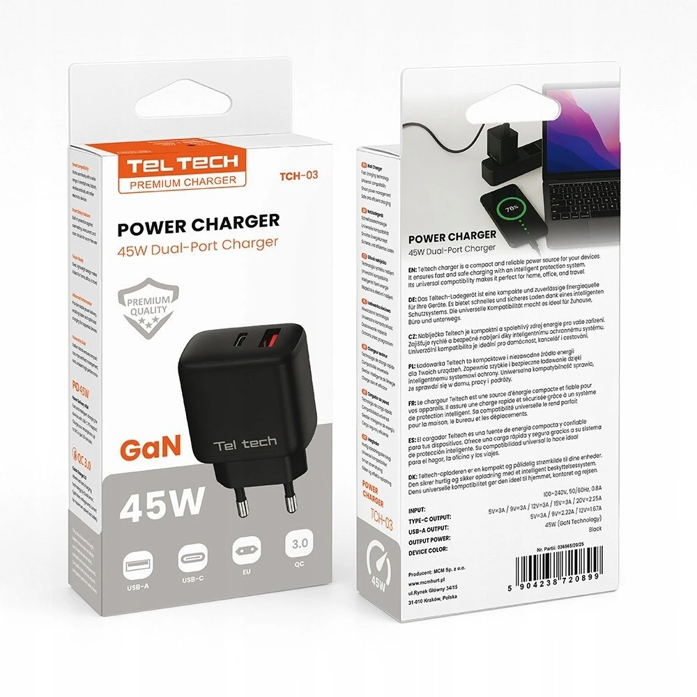 Teltech kroviklis jungiama į tinklą GaN USB / Typ-C 45W juoda TCH-03