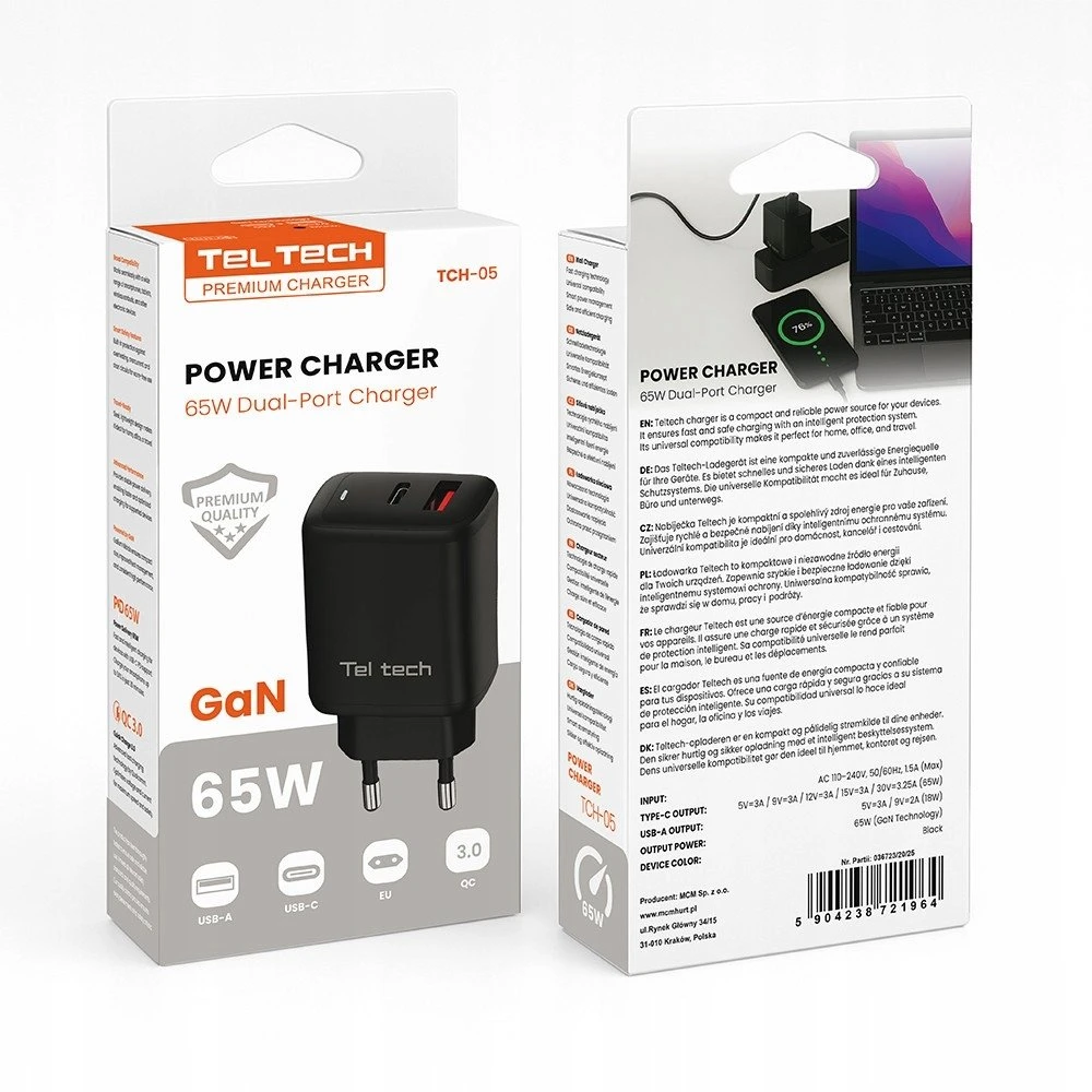 Teltech kroviklis jungiama į tinklą GaN USB / Typ-C 65W QC PD juoda TCH-05