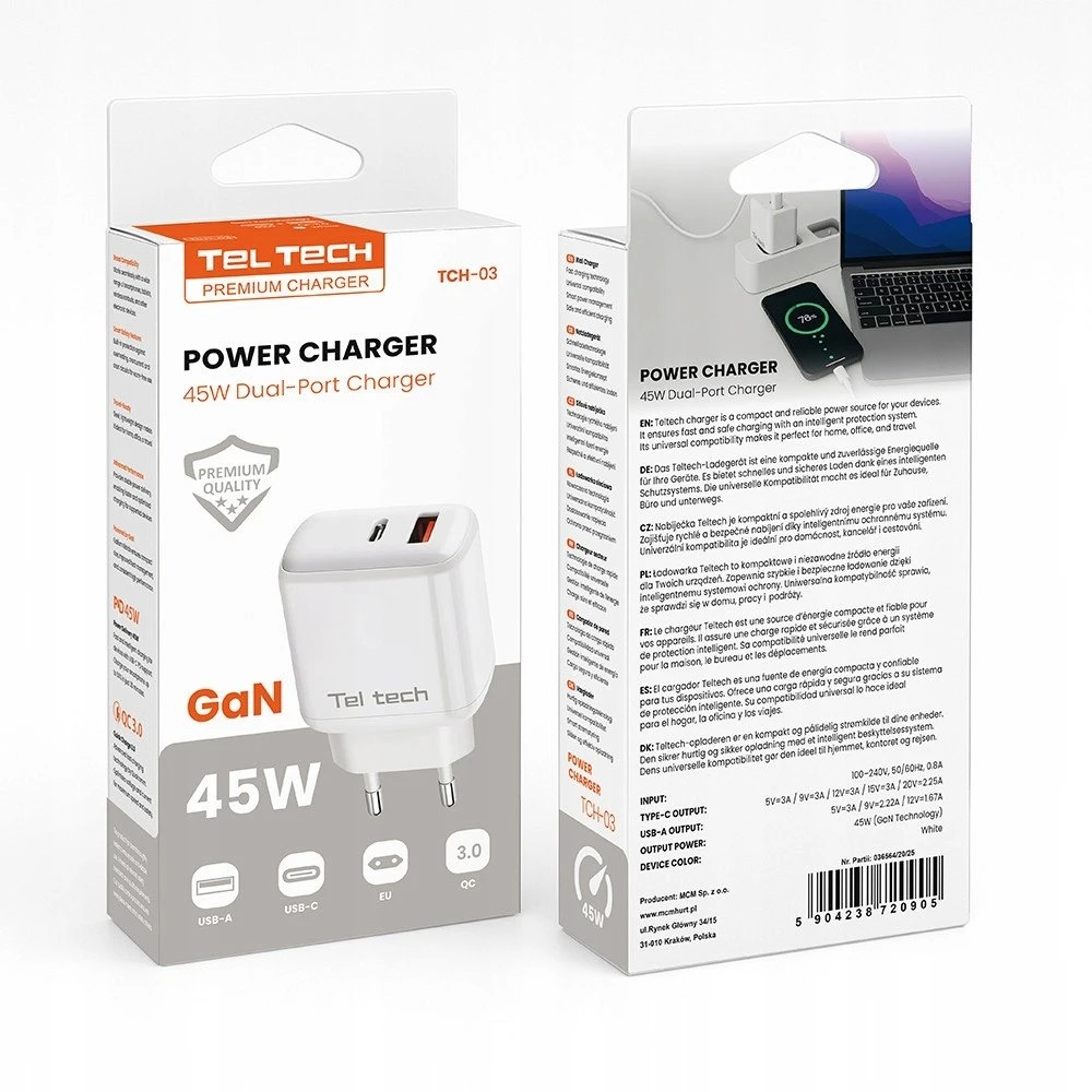 Teltech kroviklis jungiama į tinklą GaN USB+TYP-C 45W PD PPS balta TCH-03