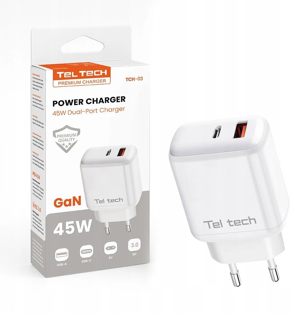 Teltech kroviklis jungiama į tinklą GaN USB+TYP-C 45W PD PPS balta TCH-03
