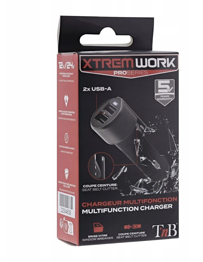 Įkroviklis TnB Įkroviklis Žiebtuvėliui 15 W 2x USB-A + Stiklo daužytuvas + Diržų pjaustytuvas / Xcacbrk