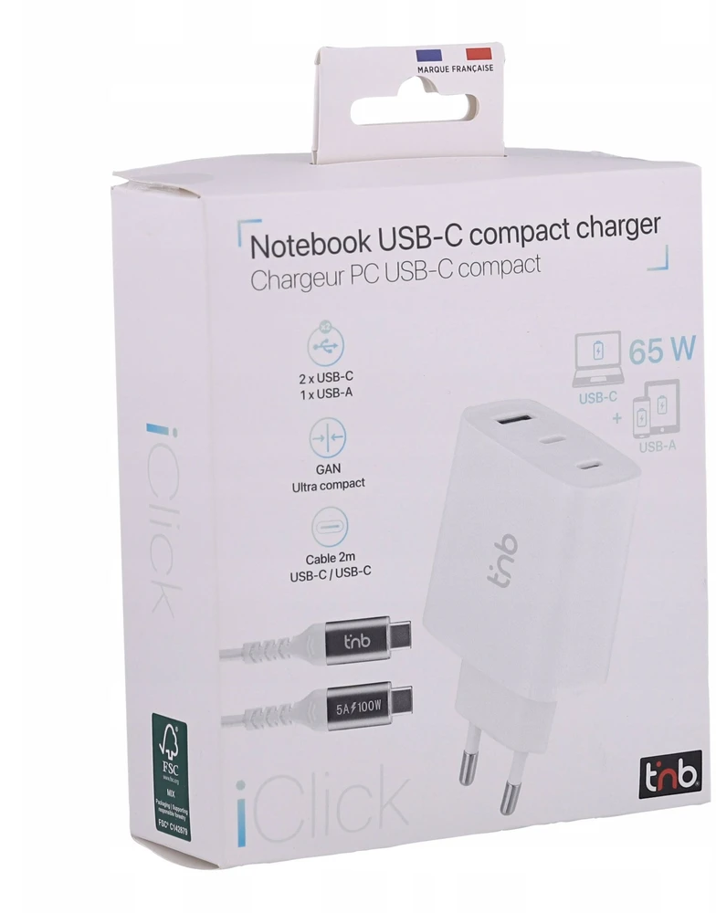 Įkroviklis TnB Įkroviklis jungiama į tinklą Gan 230v 65w 2 X Usb-c + Usb Usb-a + Kabelis Usb-c T"nb / Chnbgan65w