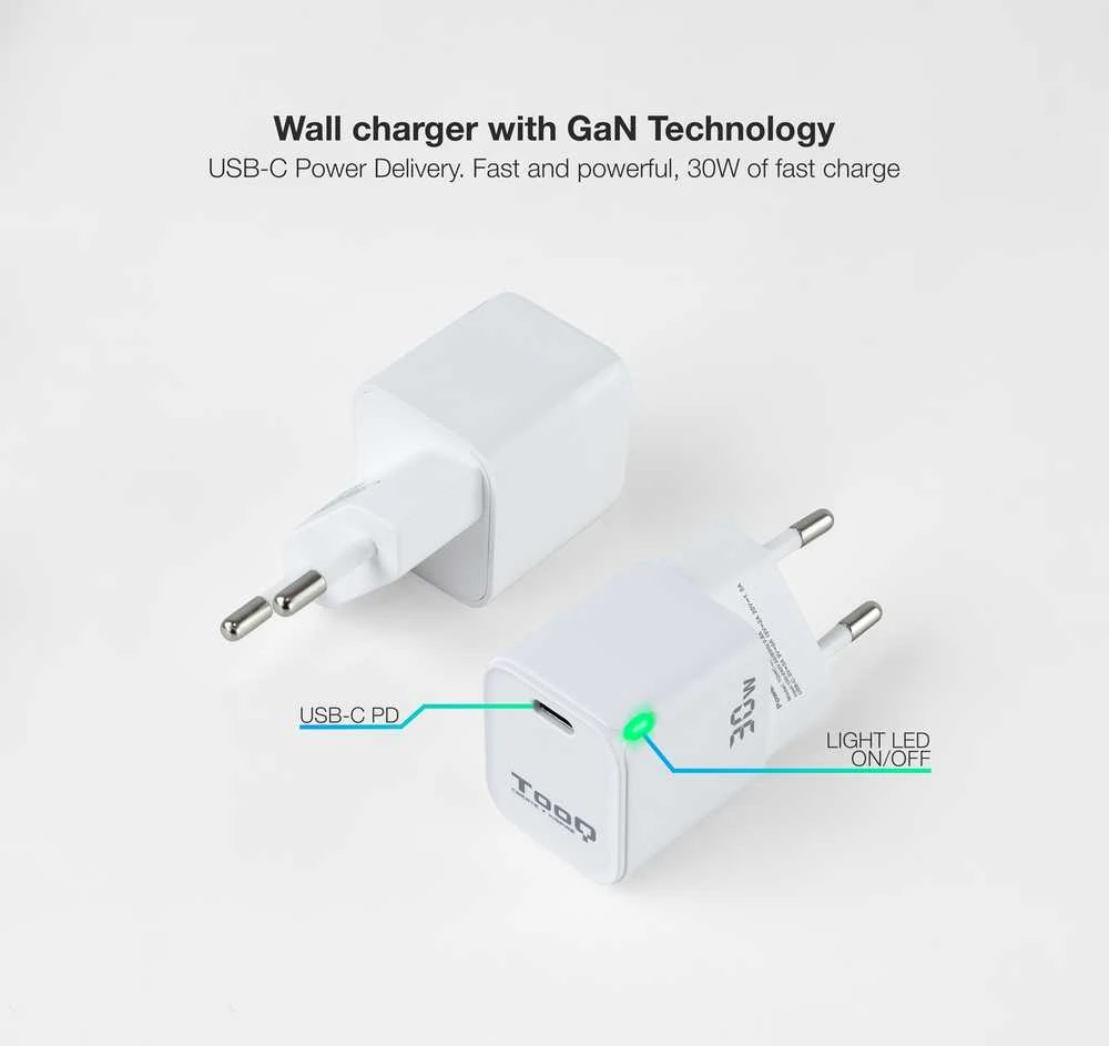 „TooQ GAN“ USB-C/PD sieninis įkroviklis, 30 W, baltas, skirtas naudoti patalpose, kintamosios srovės, baltas