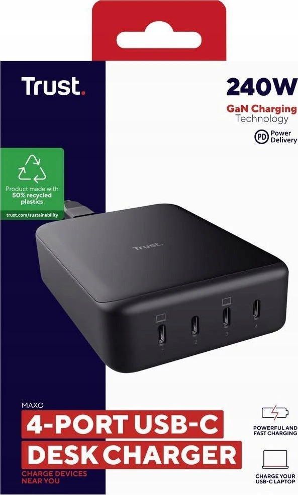 Trust Maxo - 240W GaN 4-port USB-C desk charger, juodas