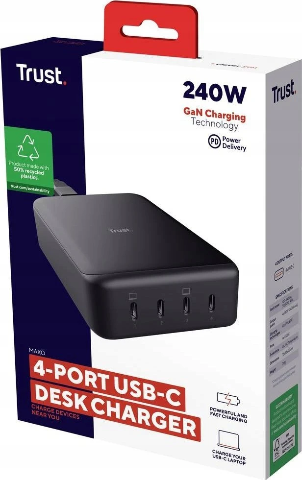 Trust Maxo - 240W GaN 4-port USB-C desk charger, juodas