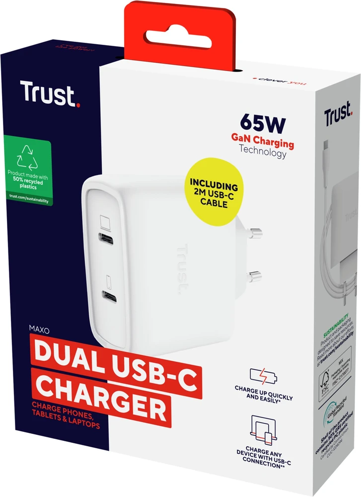 TRUST GaN įkroviklis MAXO 65W 2 prievadų, USB-C, baltas