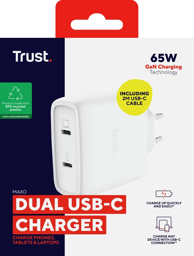 TRUST GaN įkroviklis MAXO 65W 2 prievadų, USB-C, baltas
