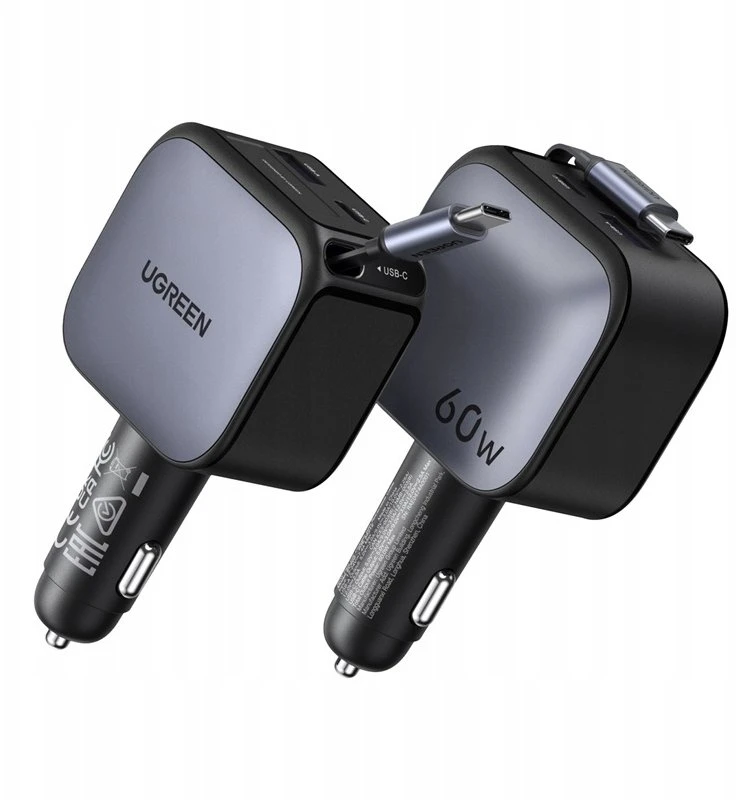 UGREEN Nexode 60W automobilinis įkroviklis su ištraukiamu USB-C laidu