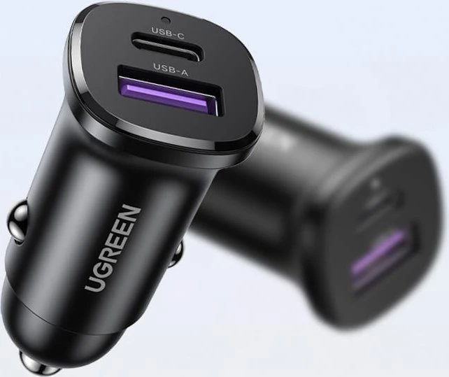 Automobilinis įkroviklis 30W USB-C + USB UGREEN EC305 juodos spalvos