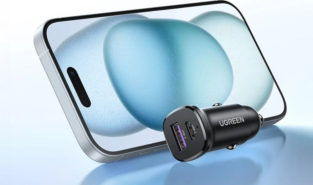 Automobilinis įkroviklis 30W USB-C + USB UGREEN EC305 juodos spalvos