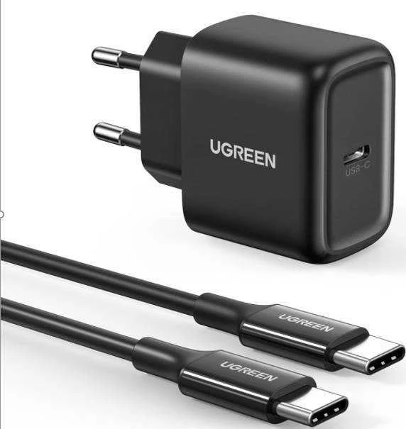 Sieninis įkroviklis UGREEN CD250, 25W, USB-C (juodas) + USB-C į USB-C laidas, 2m (juodas)