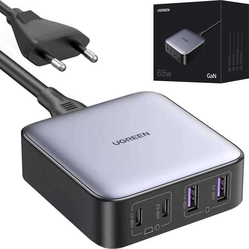 Nexode įkroviklis UGREEN CD327, 2x USB-C, 2x USB-A, GaN, 65W (pilka)