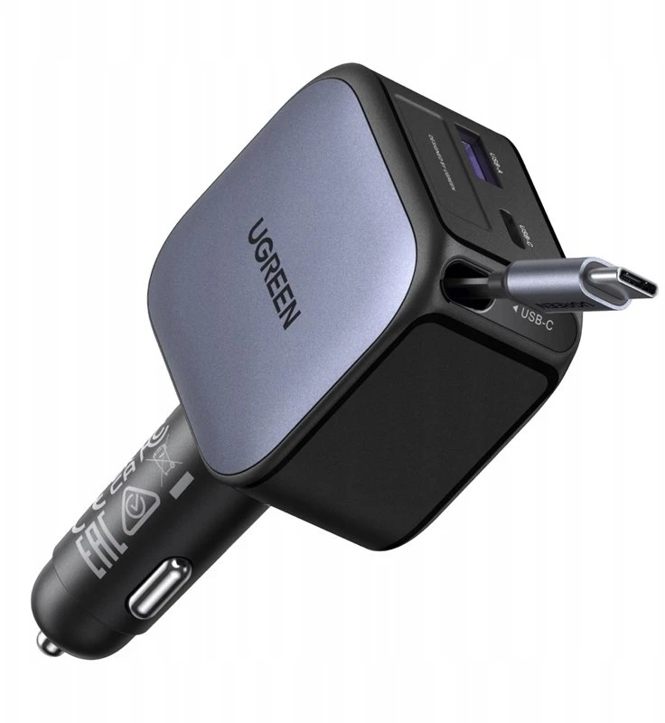 UGREEN 3‑in‑1 90 W automobilinis įkroviklis su 60 W ištraukiamu USB‑C laidu, 3x USB jungtys