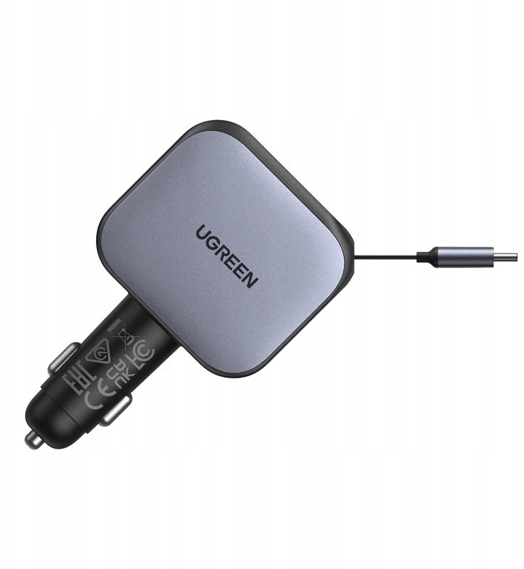 UGREEN 3‑in‑1 90 W automobilinis įkroviklis su 60 W ištraukiamu USB‑C laidu, 3x USB jungtys