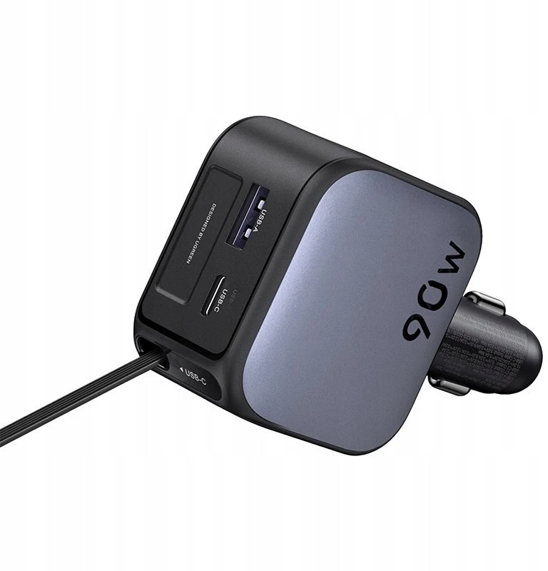 UGREEN 3‑in‑1 90 W automobilinis įkroviklis su 60 W ištraukiamu USB‑C laidu, 3x USB jungtys
