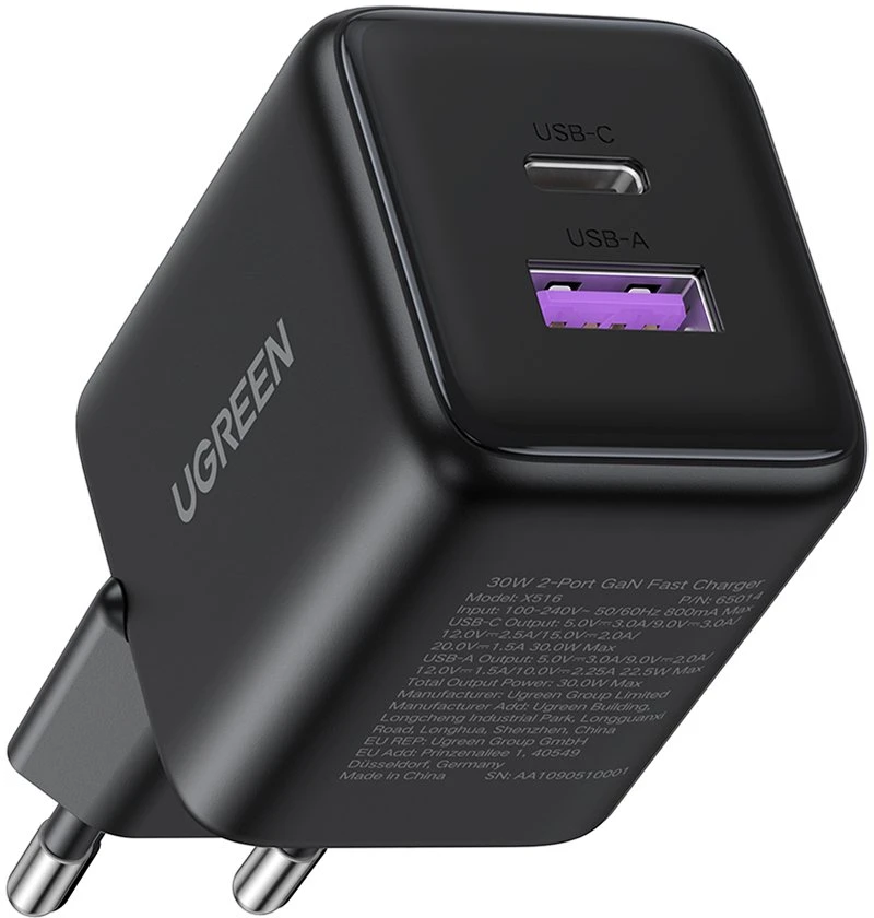 Įkroviklis jungiama į tinklą Ugreen X516 USB + USB-C, GaN, 30W (juoda)