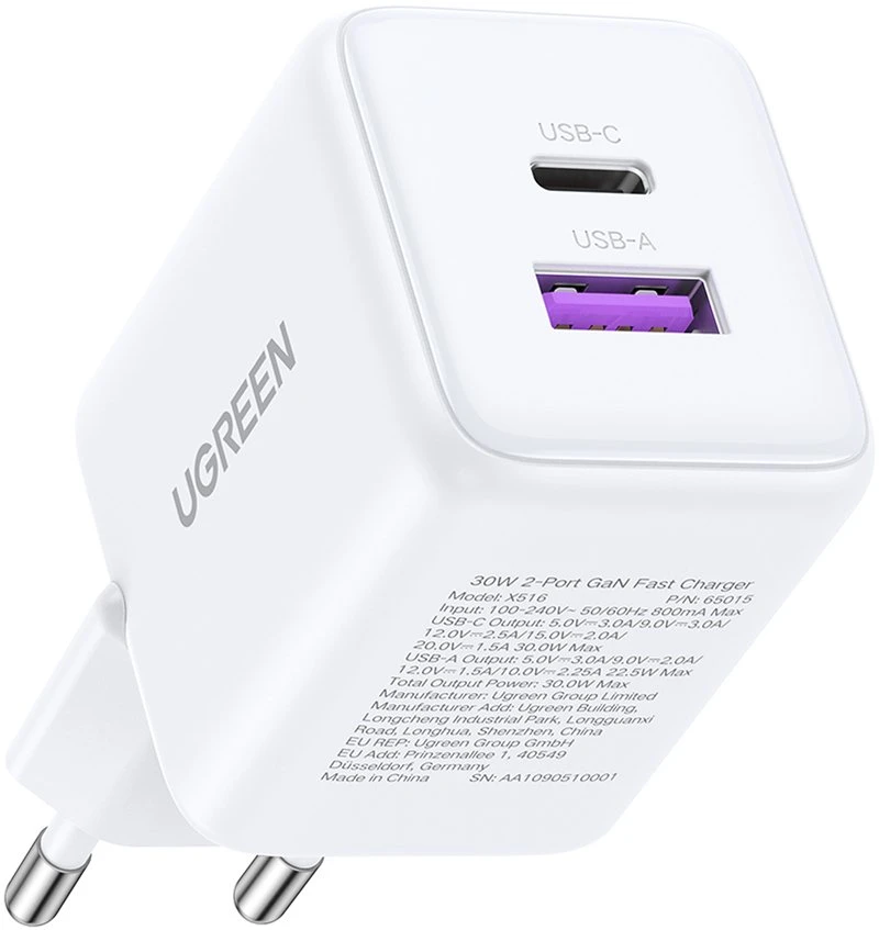 Sieninis įkroviklis UGREEN X516, 30W, 3A, 1 x USB-A - 1 x USB-C, baltas