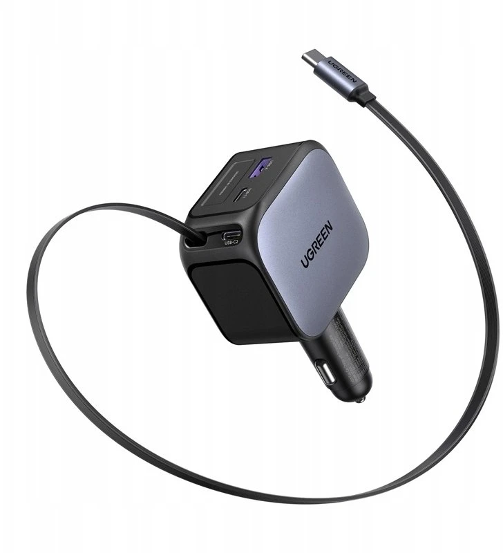 UGREEN greitas automobilinis įkroviklis su ištraukiamu laidu, 145 W, 3 prievadų, 2 x USB-C, 1 x USB-A, GaN, sidabrinis