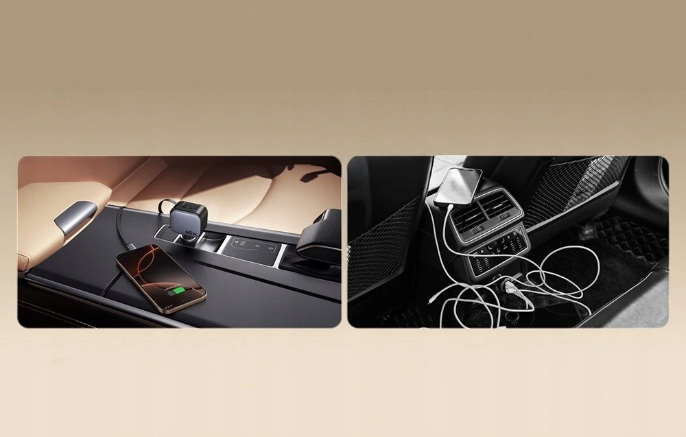 UGREEN greitas automobilinis įkroviklis su ištraukiamu laidu, 145 W, 3 prievadų, 2 x USB-C, 1 x USB-A, GaN, sidabrinis