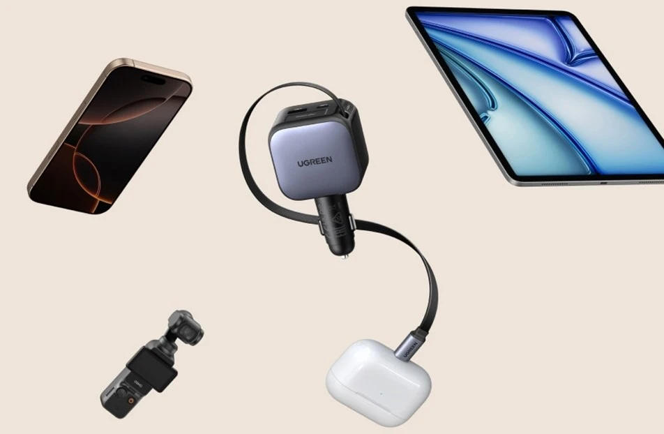 UGREEN greitas automobilinis įkroviklis su ištraukiamu laidu, 145 W, 3 prievadų, 2 x USB-C, 1 x USB-A, GaN, sidabrinis