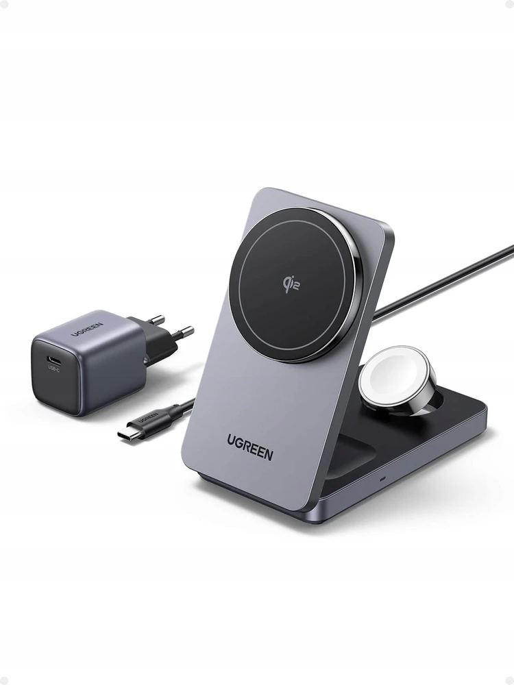 Įkroviklis Ugreen UGREEN W707 3 viename 15 W magnetinis belaidis stalinis įkroviklis, skirtas iPhone, AirPods ir Watch, pilkas