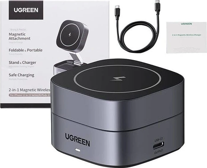Ugreen W526 3in1 MagSafe / Qi indukcinis telefono / ausinių įkroviklis su USB-C prievadu - juodos spalvos