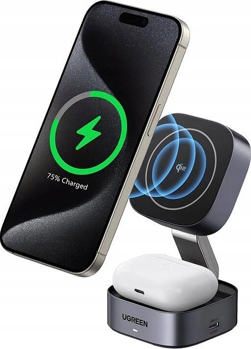 „Ugreen W702 3in1“ indukcinis įkroviklis su „MagSafe“ / „Qi2“ ir USB-C prievadu telefonui / ausinėms – juodos spalvos